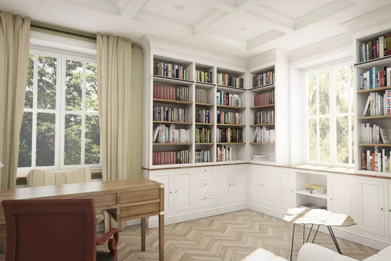 Duży jasny gabinet. Białe meble, drewniany stół i dwa wygodne krzesła. Obok mały drewniany stoliczek. Dwa białe, duże regały na książki. Dwa duże, białe okna w angielskim stylu.