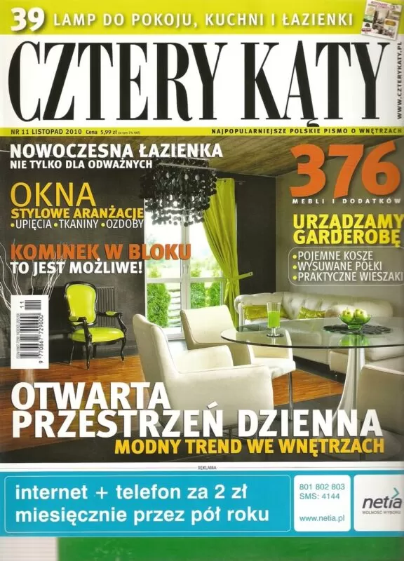 Okładka magazynu wnętrzarskiego Cztery Kąty – listopad 2010 z inspiracjami do aranżacji wnętrz.