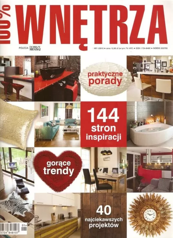 Okładka magazynu wnętrzarskiego 100% Wnętrza – 2010 z inspiracjami do aranżacji wnętrz.
