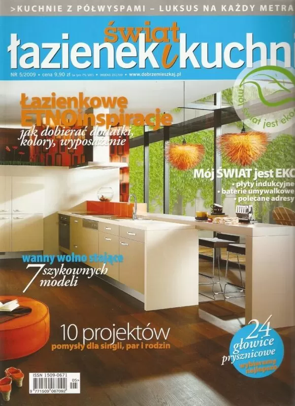 Okładka magazynu wnętrzarskiego Świat Łazienek i Kuchni – 2009 z inspiracjami do aranżacji wnętrz.