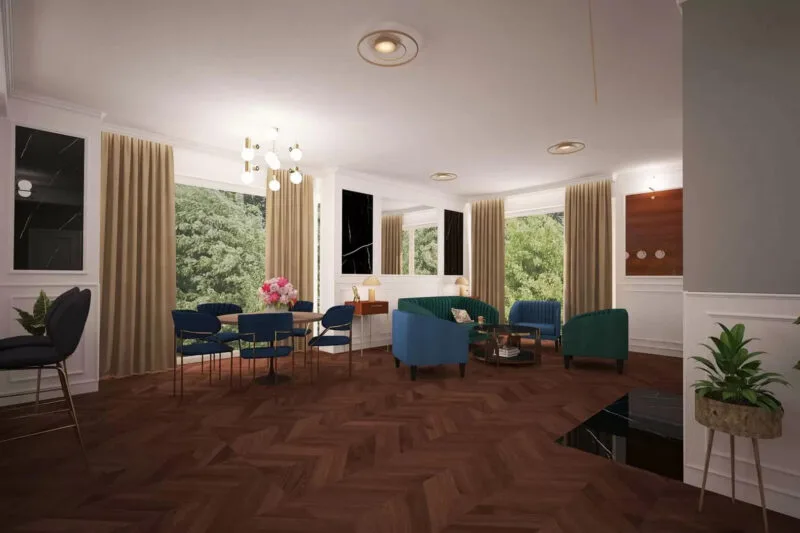 Bardzo duży salon w stylu klasycznym. Zielona sofa ze szklanym stolikiem i trzema fotelami. Drewniany stół z pięcioma niebieskimi krzesłami. Drewniana jasna podłoga. Lustro zamontowane na podłodze przy prawej ścianie. Dwa duże lustra na ścianach. Dwa duże okna od podłogi do sufitu, zasłaniane wielką szarą kotarą.