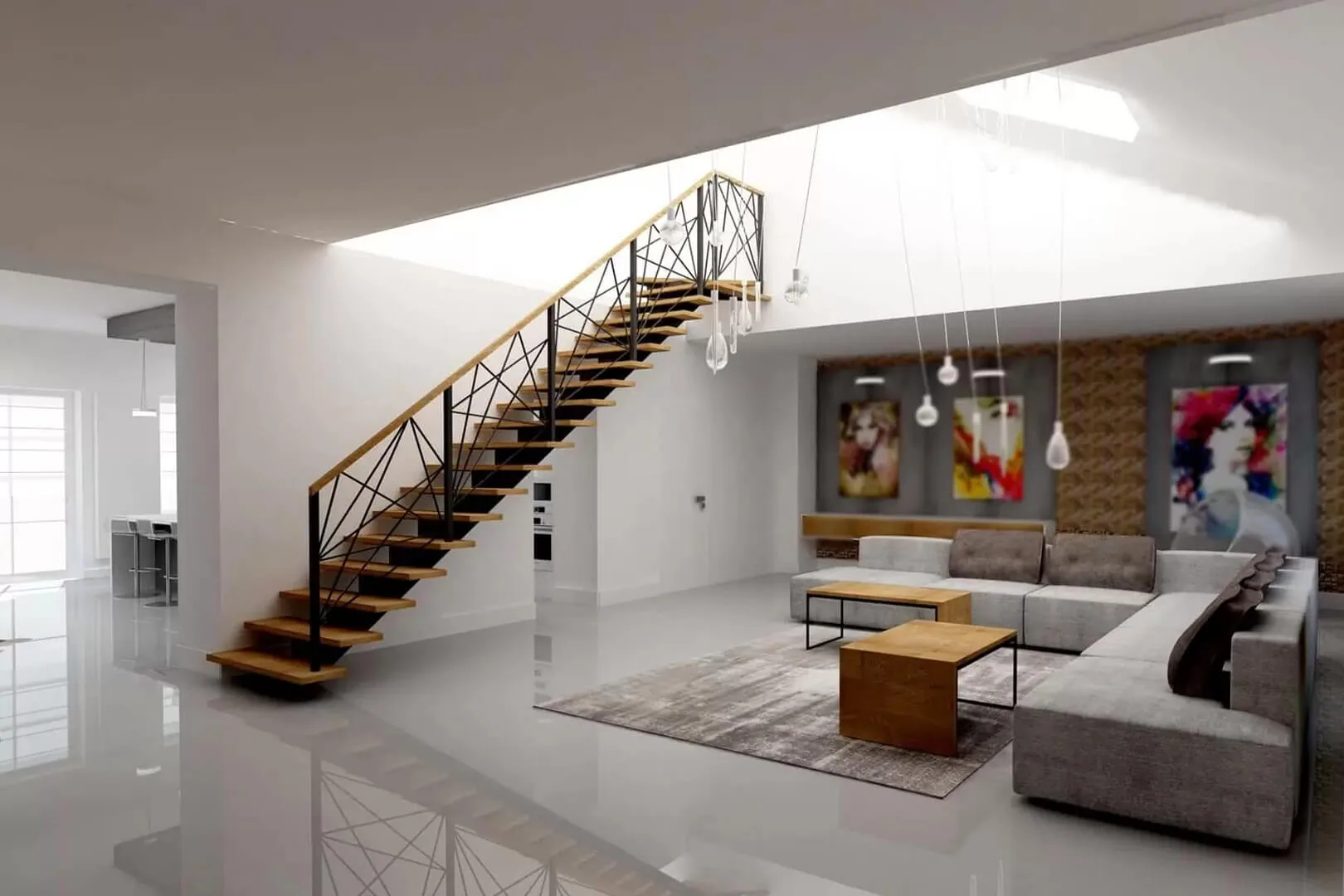 Duży biały salon. Jasna podłoga, duży szary narożnik, dwa drewniane stoliki. Trzy kolorowe obrazy. Po lewej stronie, drewniane schody prowadzące na poddasz. A dalej po prawej stronie widać kawałek, następnego pokoju.