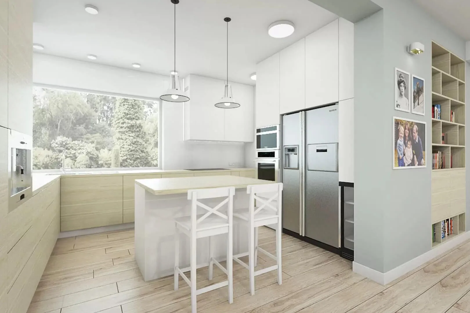 Kuchnia w kolorze białym. Na środku, jasna wysepka kuchenna z dwoma białymi krzesłami. Po bokach metaliczny sprzęt kuchenny i jasne szafki. Na wprost, duże okno z widokiem na las.