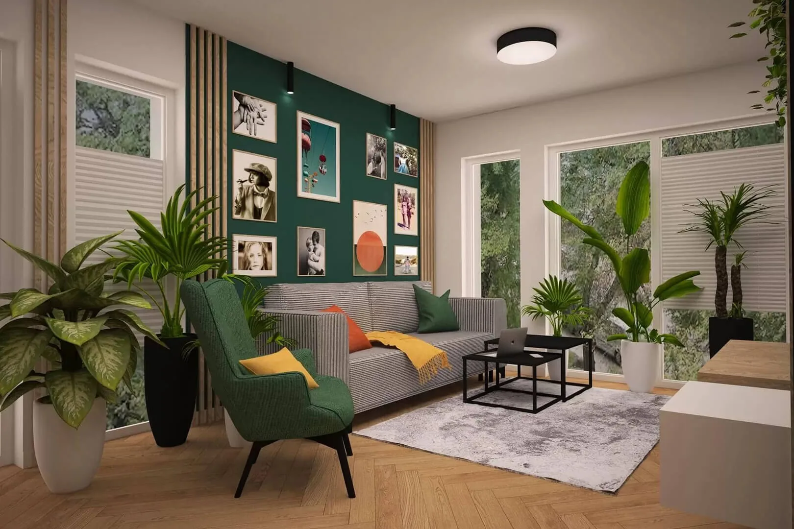 Duzy salon w kolorze zielonym. Zielony fotel i i sześć duzych roślin w dużych czarno-białych doniczkach. Po boku szara sofa, szary dywan i dwa małe czarne, metalowe stoliki.