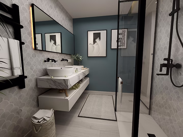 Nowoczesna łazienka z dwiema umywalkami, marmurową ścianą i czarnymi dodatkami.