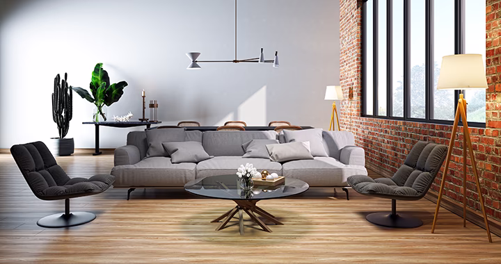 Nowoczesny salon z sofą, fotelami, drewnem i cegłą, design wnętrz.