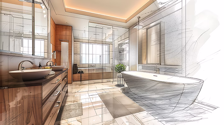 Profesjonalne projektowanie łazienki – nowoczesna aranżacja z wanną wolnostojącą i strefą umywalki