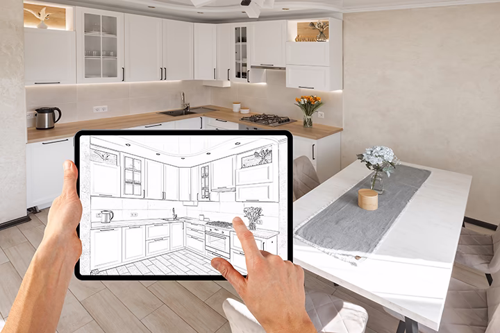 Tablet ze szkicem projektu nowoczesnej kuchni na tle gotowej aranżacji