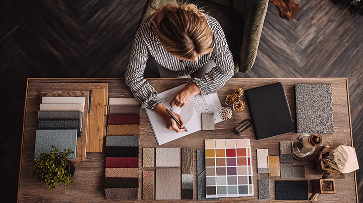 Architekt wnętrz przy pracy wybierający materiały do projektu mieszkania.