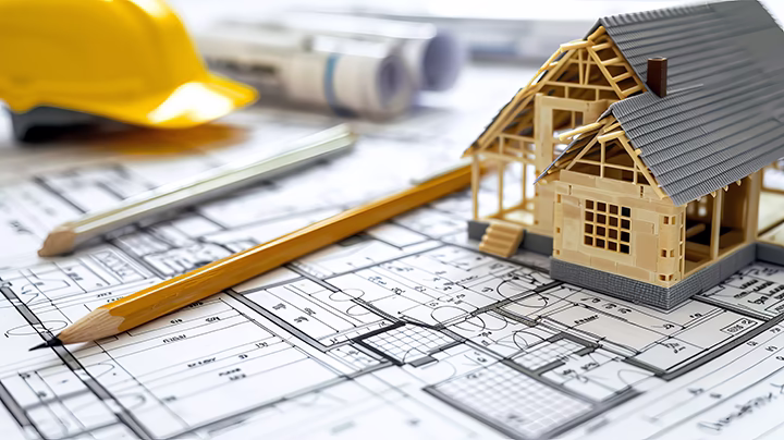 Projektowanie domu – makieta budynku na planach architektonicznych z narzędziami projektowymi