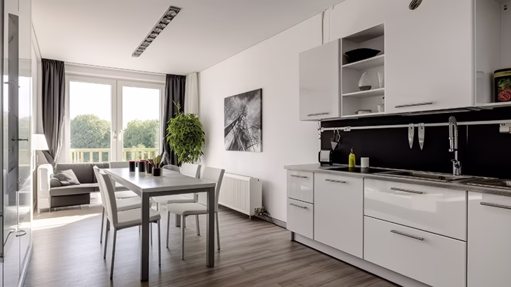 Jasna, nowoczesna kuchnia z jadalnią i salonem w minimalistycznym stylu.