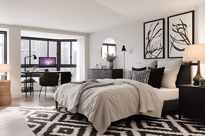 Nowoczesna sypialnia z biurkiem, elegancki design, funkcjonalne wnętrze