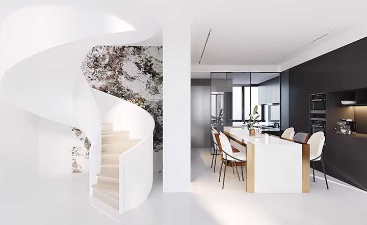 Nowoczesne wnętrze z białą, spiralną klatką schodową i kuchnią.