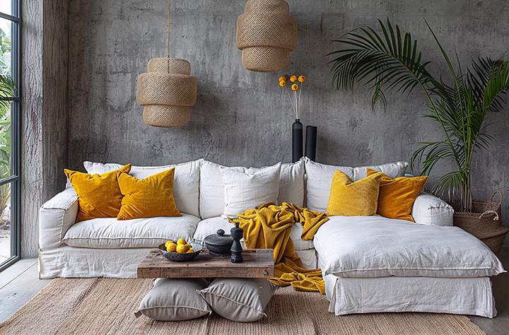 Biała sofa z żółtymi poduszkami na tle betonowej ściany