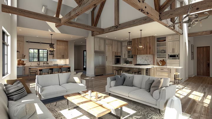 Nowoczesny salon z kuchnią, drewniane belki i jasne meble.