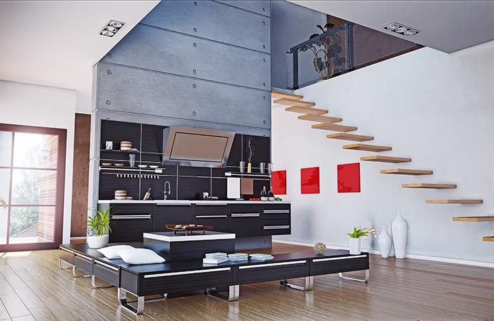 Nowoczesna aranżacja kuchni z betonem architektonicznym i schodami wspornikowymi.