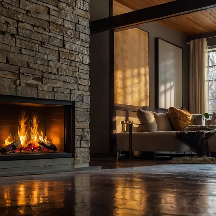 Nowoczesny salon z kominkiem w kamiennej obudowie i elegancką sofą