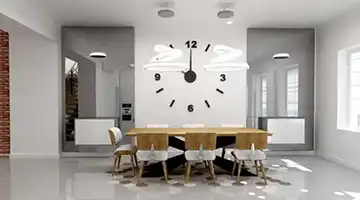 Nowoczesna jadalnia z dużym zegarem ściennym i minimalistycznym wystrojem – kompleksowy projekt wnętrz