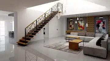 Przestronny salon z designerskimi schodami i nowoczesnym wystrojem – aranżacja wnętrz domu