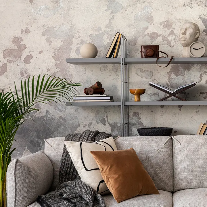 Nowoczesny salon z szarą sofą i dekoracyjnym regałem ściennym.