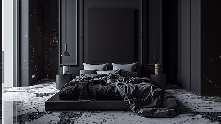 Nowoczesna ciemna sypialnia z marmurową podłogą i czarnymi ścianami