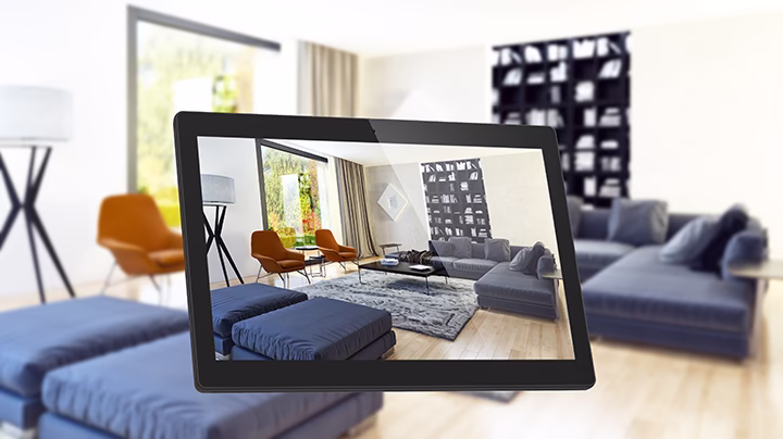 Tablet wyświetlający fotorealistyczną wizualizację 3D nowoczesnego salonu.