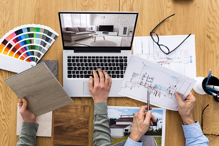 Architekt wnętrz projektuje: wizualizacje, próbki materiałów, szkice, koncepcje.