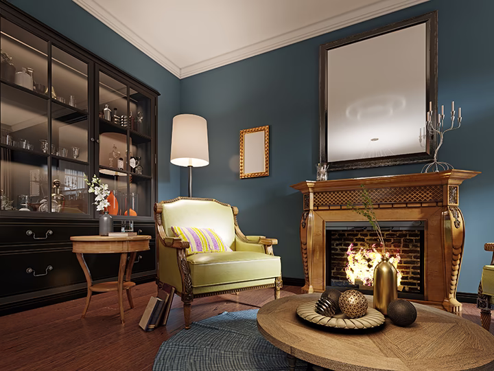 Elegancki salon z kominkiem, klasycznym fotelem, funkcjonalne projektowanie wnętrz.