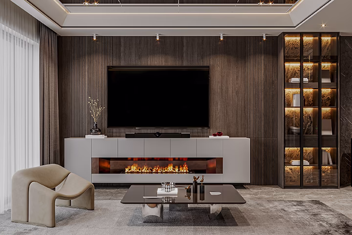 Nowoczesny salon z kominkiem, TV, designerskim fotelem, eleganckie wnętrze.