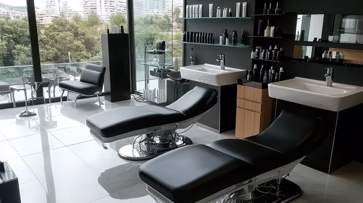 Nowoczesny projekt wnętrza salonu beauty z profesjonalnymi fotelami zabiegowymi.