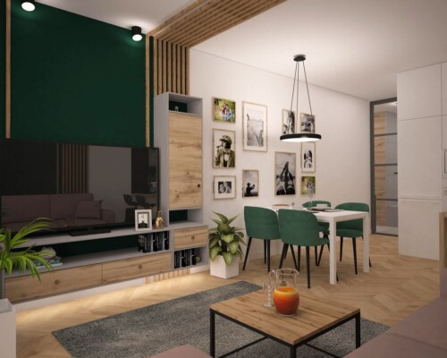 Nowoczesny salon z akcentem zieleni i drewnianymi detalami – projekt z duszą Salon z jadalnią i zieloną ścianą TV, dekorowany galerią zdjęć