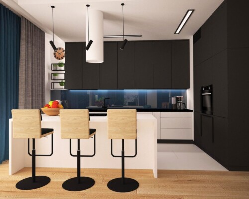 Zaproś przyjaciół na drinka – stylowy i funkcjonalny aneks barowy w domowym zaciszu. Nowoczesny aneks barowy z trzema czarnymi hokerami, butelkami wina i wiszącymi kieliszkami.