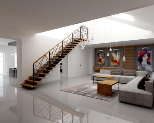 Inna perspektywa – spojrzenie z antresoli na otwartą przestrzeń dzienną i designerskie schody. Widok z góry na nowoczesne schody ze szklaną balustradą i otwarty salon na parterze.
