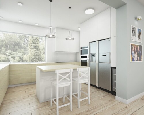 Jasna kuchnia z wyspą i panoramicznym oknem z widokiem na zieleń Nowoczesna kuchnia z dużym oknem, jasnymi frontami i wyspą