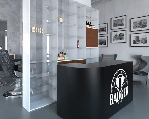 Stylowy salon barberski – elegancka recepcja i funkcjonalna przestrzeń dla klientów Nowoczesne wnętrze salonu barberskiego z ladą recepcyjną i przeszklonym regałem – projektowanie wnętrz komercyjnych Warszawa