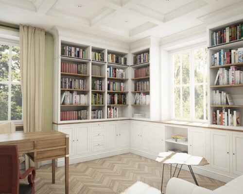 Salon intelektualisty – jak połączyć strefę relaksu z imponującą domową biblioteką. Jasny salon z białą kanapą i dużą biblioteką na całą ścianę w tle.