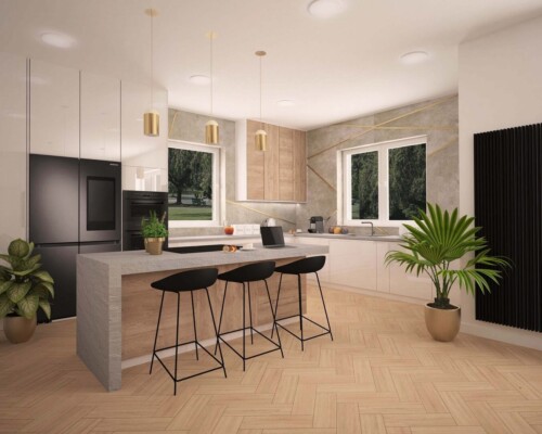 Miejsce na szybką kawę – stylowa wyspa barowa jako centrum nowoczesnej kuchni. Nowoczesna kuchnia z wyspą barową, czarnym blatem i wysokimi, drewnianymi hokerami.