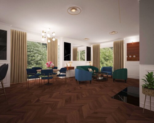 Komfort w kolorze blue – elegancki i przestronny salon z dwiema sofami jako centrum życia rodzinnego. Duży salon z dwiema niebieskimi sofami, ciemną, drewnianą podłogą i dużymi oknami.