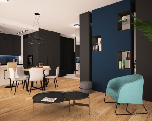 Miejsce na wieczorny relaks – stylowy kącik wypoczynkowy z podręcznym, domowym barkiem. Kącik wypoczynkowy z granatową ścianą i minibarkiem z butelkami wina i kieliszkami.