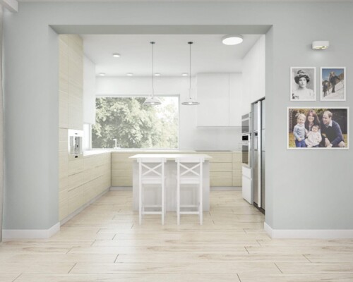 Przestronna kuchnia z jadalnią w nowoczesnym stylu skandynawskim Widok na kuchnię z wyspą i jadalnią w jasnej aranżacji