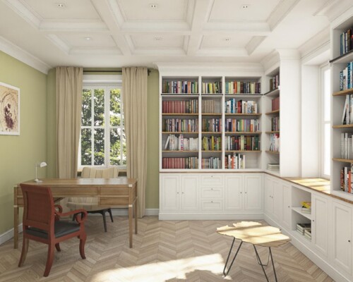 Raj dla mola książkowego – przytulna domowa biblioteka połączona z miejscem do pracy. Kącik czytelniczy z dużym regałem na książki wypełnionym po brzegi i klasycznym, drewnianym biurkiem.