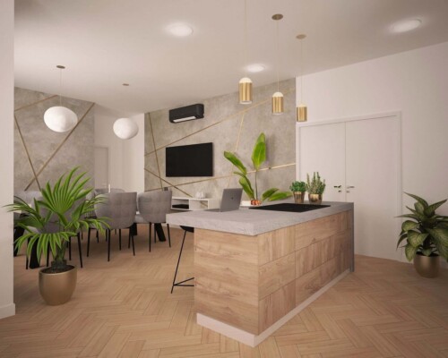 Dwa w jednym – inteligentne połączenie wyspy kuchennej ze stołem jadalnianym w otwartej przestrzeni. Nowoczesna, biała kuchnia z wyspą, która płynnie przechodzi w drewniany stół jadalniany.