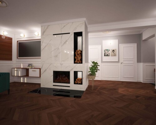 Serce domu – nowoczesny kominek jako centralny punkt strefy relaksu i spotkań. Przytulny salon z nowoczesnym kominkiem, wygodnym fotelem i widokiem na stół jadalniany.