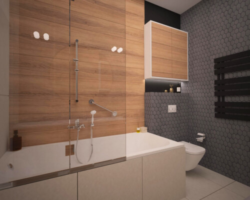 Stylowa łazienka z drewnianym wykończeniem i mozaikową ścianą Nowoczesna łazienka z wanną i drewnianą zabudową