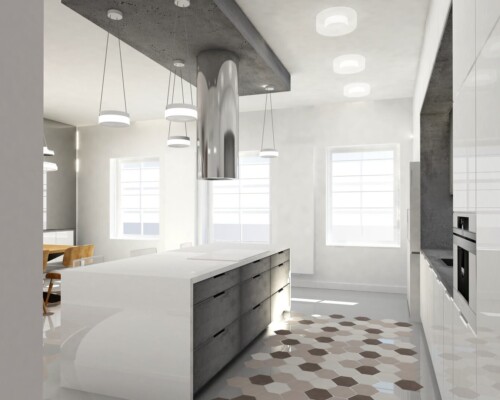 Centrum dowodzenia każdej kuchni – funkcjonalna i stylowa wyspa w nowoczesnej aranżacji. Biała kuchnia w stylu nowoczesnym z dużą wyspą kuchenną i minimalistycznym okapem.