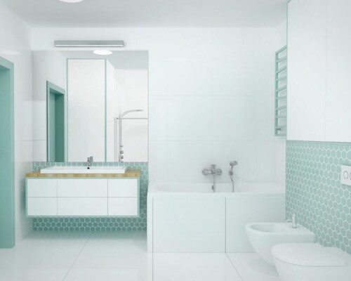 Jasna łazienka z heksagonalnymi płytkami i pastelowymi dodatkami Minimalistyczna łazienka w bieli z miętowymi akcentami i wanną