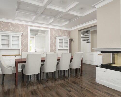 Klasyka w nowoczesnym wydaniu – ponadczasowa elegancja w sercu domowej jadalni. Elegancka jadalnia z ciemnym, drewnianym stołem i białymi, tapicerowanymi krzesłami.