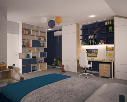 Przestrzeń do nauki i odpoczynku – funkcjonalna aranżacja pokoju młodzieżowego. Pokój młodzieżowy z niebieskim łóżkiem, dużym regałem na książki i puszystym dywanem.