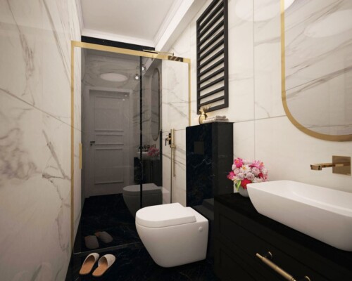 Grzejnik jako dekoracja – jak czarny, drabinkowy model może stać się ozdobą łazienki. Wysoki, czarny grzejnik drabinkowy zamontowany na białej ścianie w nowoczesnej łazience.