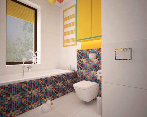 Słoneczny akcent w łazience – jak żółta szafka ożywia surowe, industrialne wnętrze. Łazienka w stylu industrialnym z szarymi, betonowymi ścianami i szafką podumywalkową w intensywnym, żółtym kolorze.